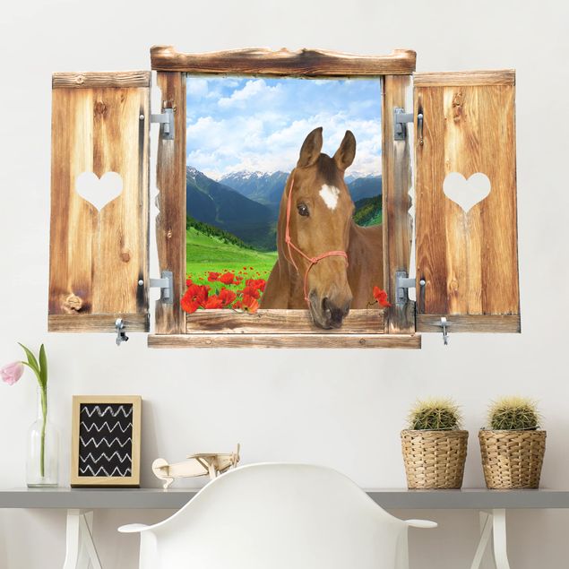 Muurstickers paard Window With Heart And Horse Alpine Meadow