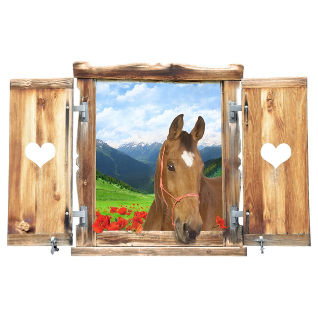 Muurstickers dieren Window With Heart And Horse Alpine Meadow