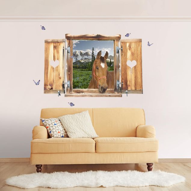 Muurstickers paard Window With Heart And Horse Mountains Meadow Path