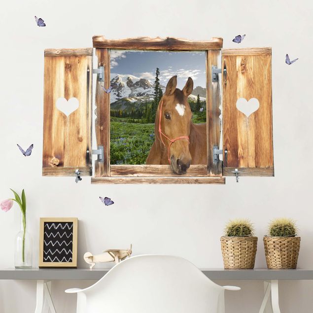 Muurstickers 3d Window With Heart And Horse Mountains Meadow Path