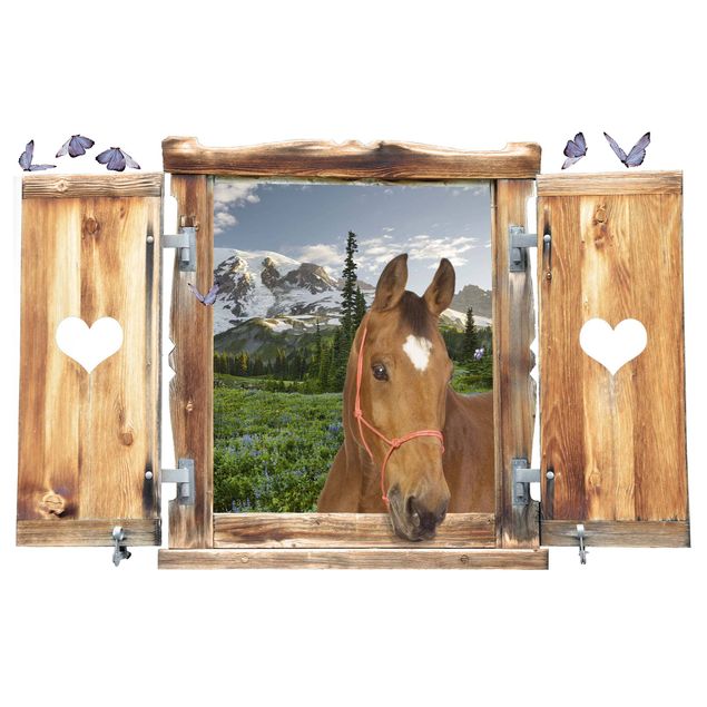 Muurstickers dieren Window With Heart And Horse Mountains Meadow Path