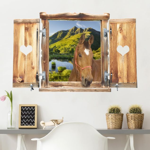 Muurstickers paard Window With Heart And Horse Looking Into Defereggental