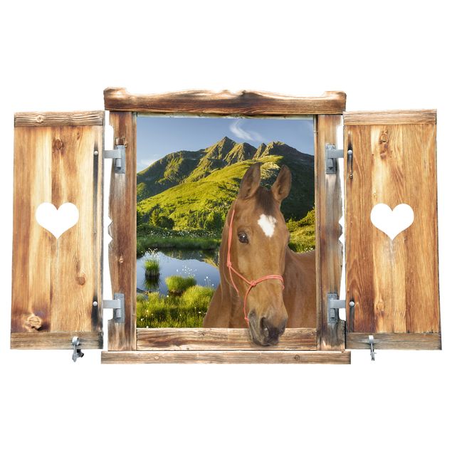 Muurstickers dieren Window With Heart And Horse Looking Into Defereggental