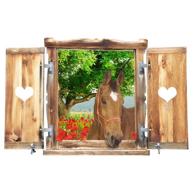 Muurstickers bloemen Window With Heart And Horse Meadow