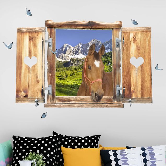 Muurstickers paard Window With Heart And Horse Styria Alpine Meadow