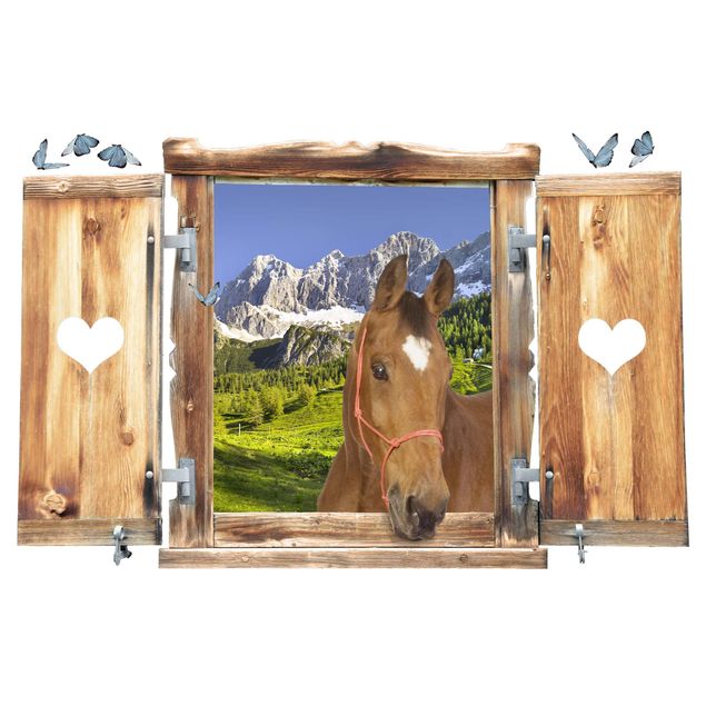 Muurstickers dieren Window With Heart And Horse Styria Alpine Meadow
