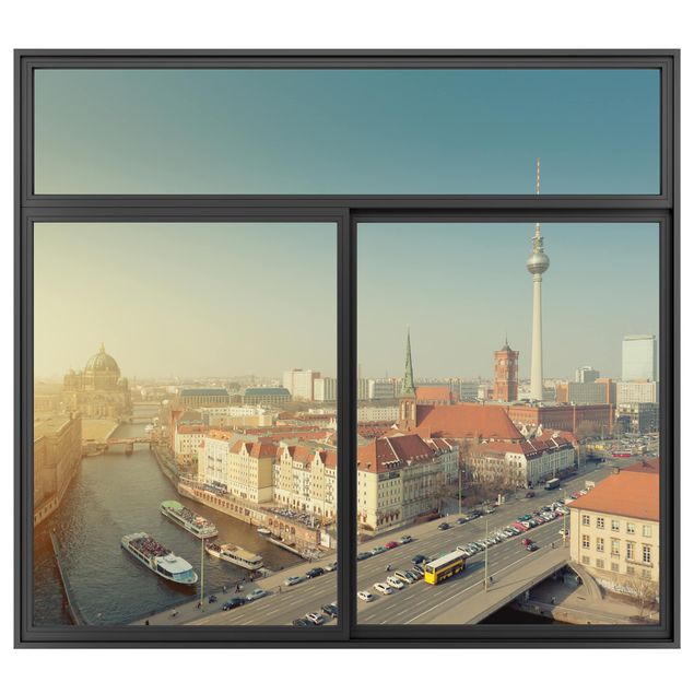 Muurstickers 3d Window Black Berlin Morning
