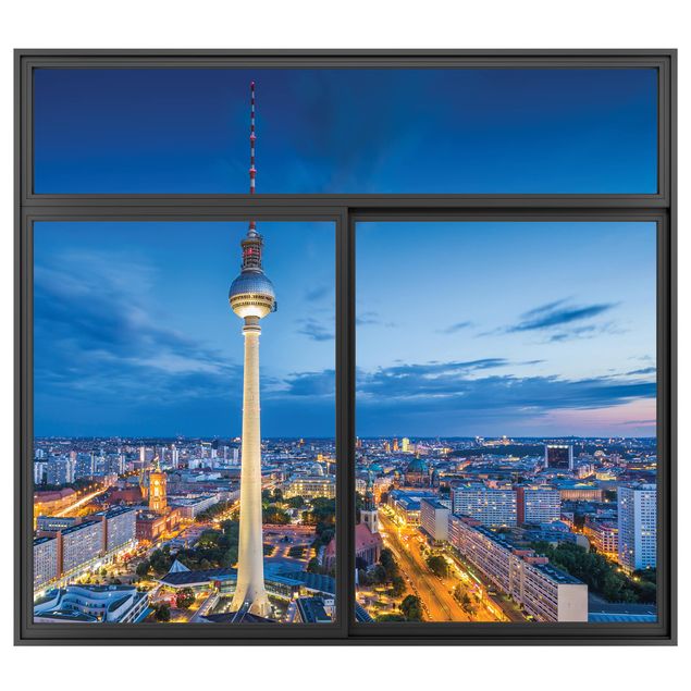 Muurstickers 3d Window Black Berlin Skyline At Night With Television Tower