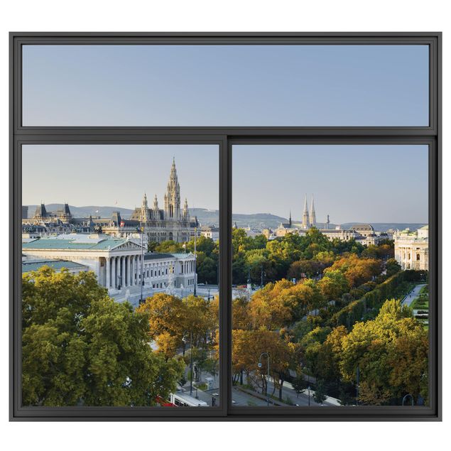 Muurstickers 3d Window Black Overlooking Vienna