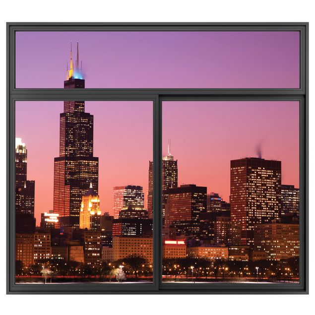 Muurstickers 3d Window Black Chicago Skyline