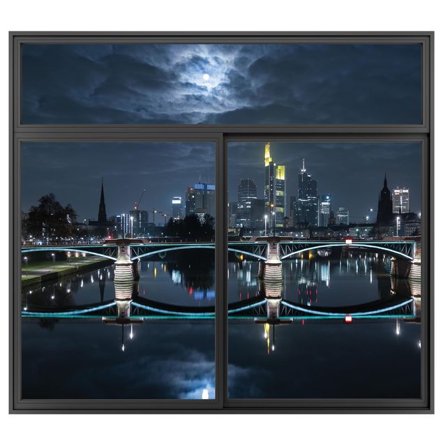 Muurstickers 3d Window Black Frankfurt At Full Moon
