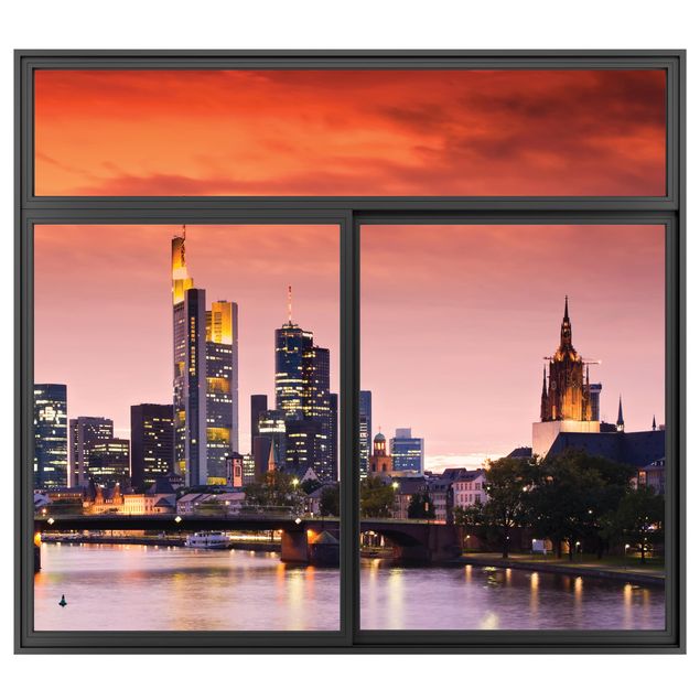 Muurstickers 3d Window Black Frankfurt Skyline