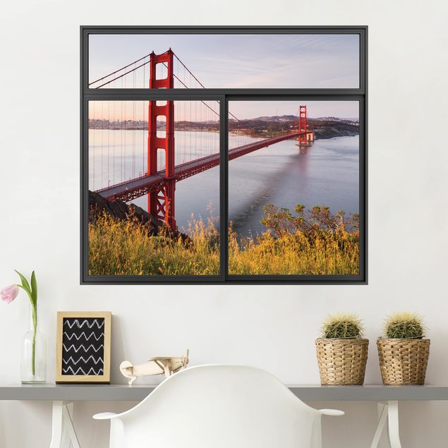 Muurstickers métropole Window Black Golden Gate Bridge In San Francisco