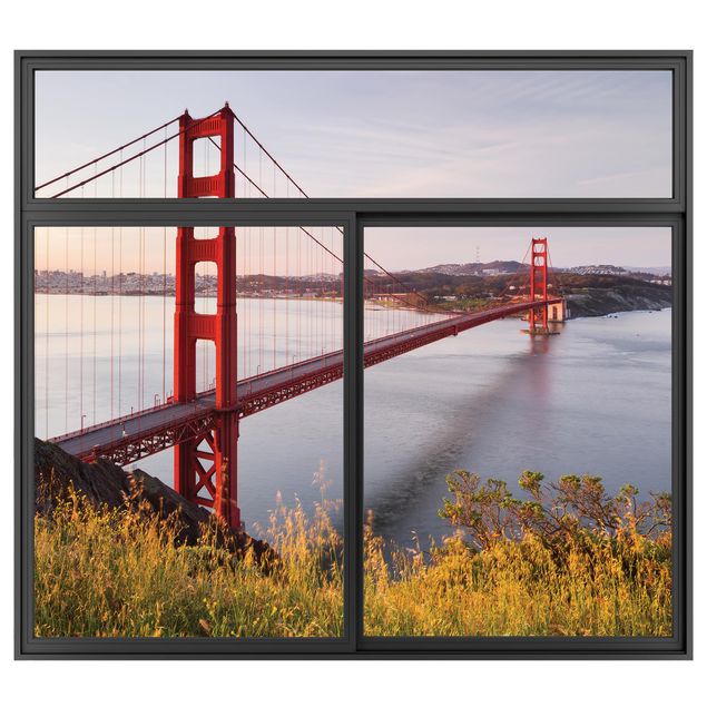 Muurstickers 3d Window Black Golden Gate Bridge In San Francisco