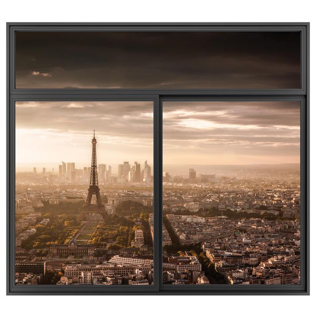 Muurstickers 3d Window Black Great View Of Paris