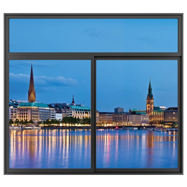 Muurstickers 3d Window Black Hamburg Skyline