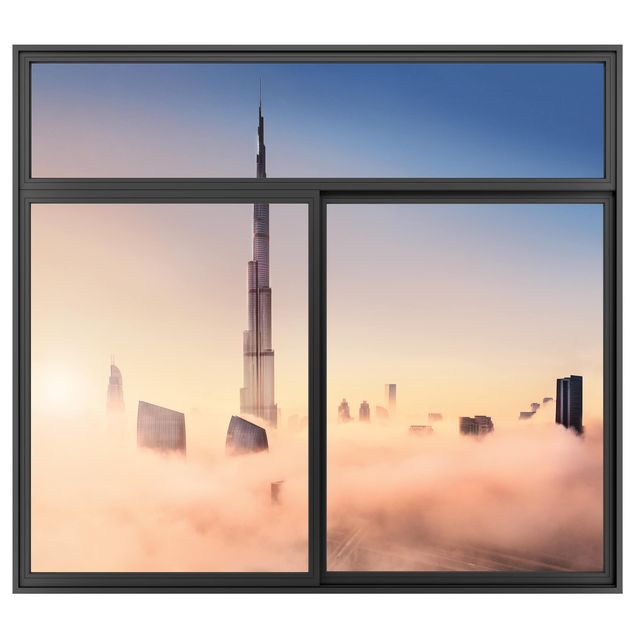 Muurstickers 3d Window Black Heavenly Dubai Skyline