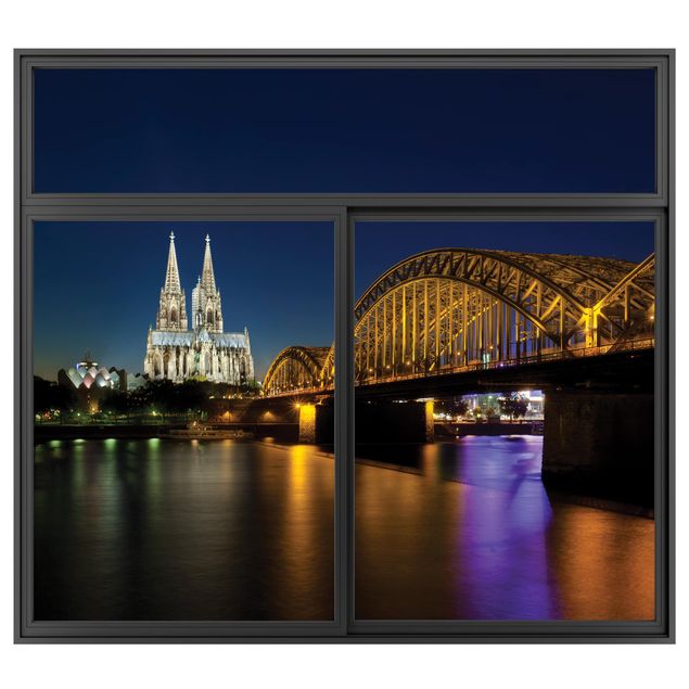 Muurstickers 3d Window Black Cologne At Night