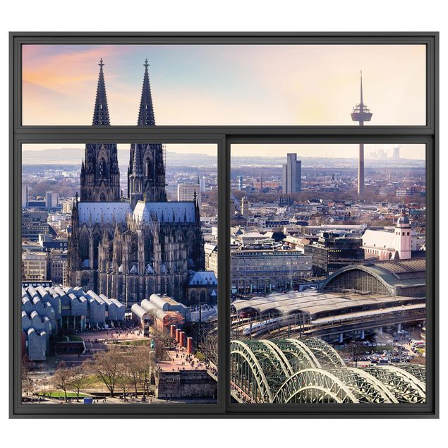 Muurstickers 3d Window Black Cologne Skyline With Cathedral