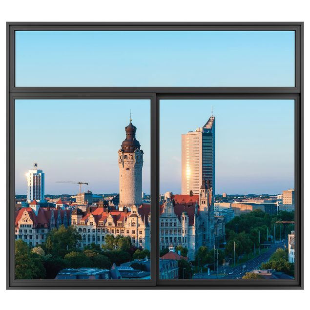 Muurstickers 3d Window Black Leipzig Skyline