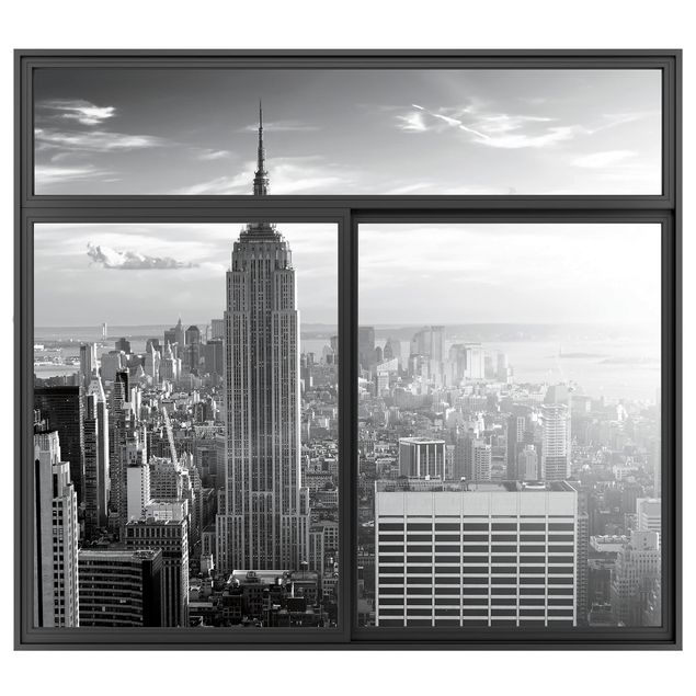 Muurstickers 3d Window Black Manhattan Skyline
