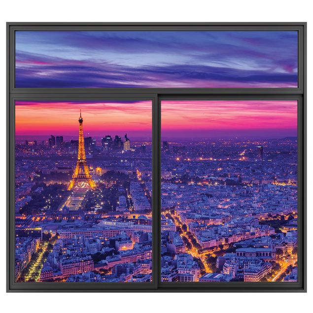 Muurstickers 3d Window Black Paris By Night