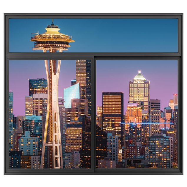 Muurstickers 3d Window Black Seattle Skyline s In Pink