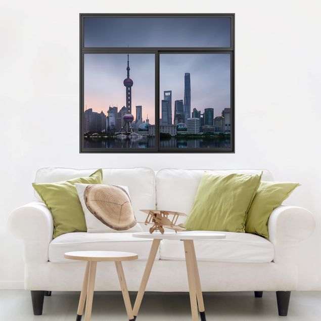 Muurstickers stadsnamen Window Black Shanghai Skyline Morning Mood