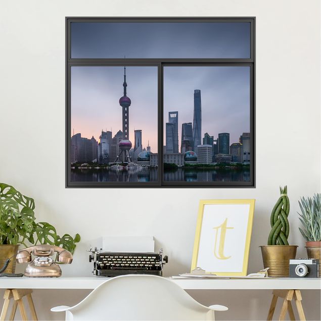 Muurstickers métropole Window Black Shanghai Skyline Morning Mood