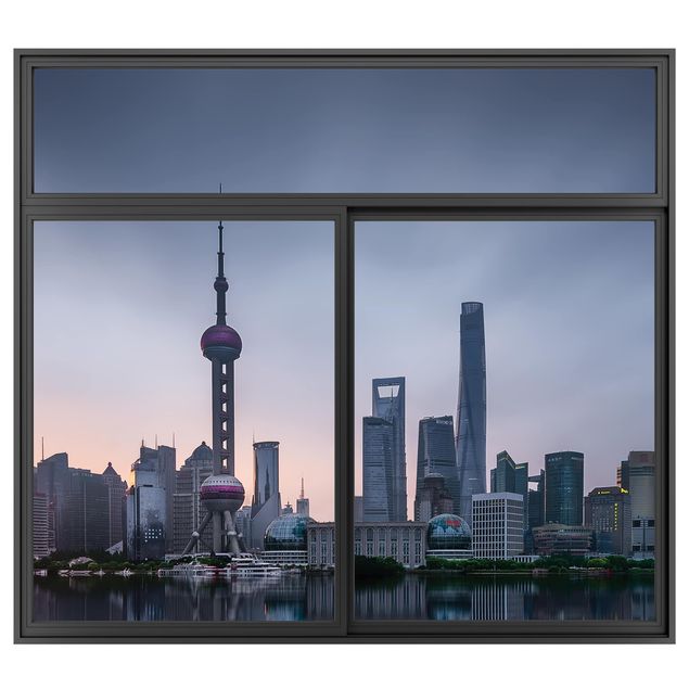 Muurstickers 3d Window Black Shanghai Skyline Morning Mood
