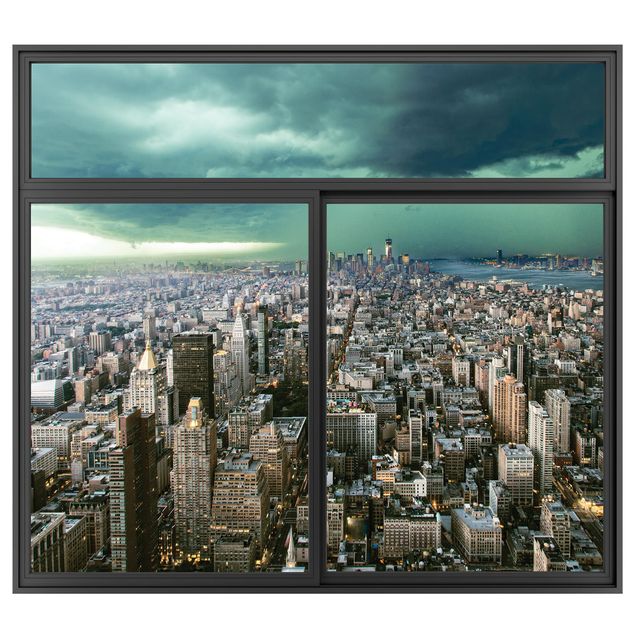 Muurstickers 3d Window Black Skyline New York In The Storm