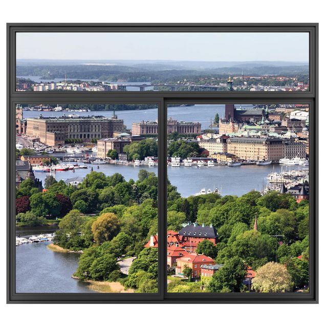 Muurstickers 3d Window Black Stockholm City