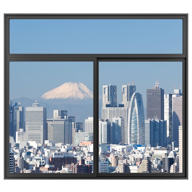 Muurstickers 3d Window Black Tokyo Before Mount Fuji