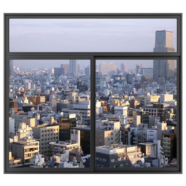 Muurstickers 3d Window Black Tokyo City