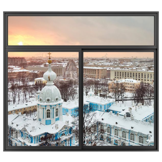 Muurstickers 3d Window Black Winter In St. Petersburg