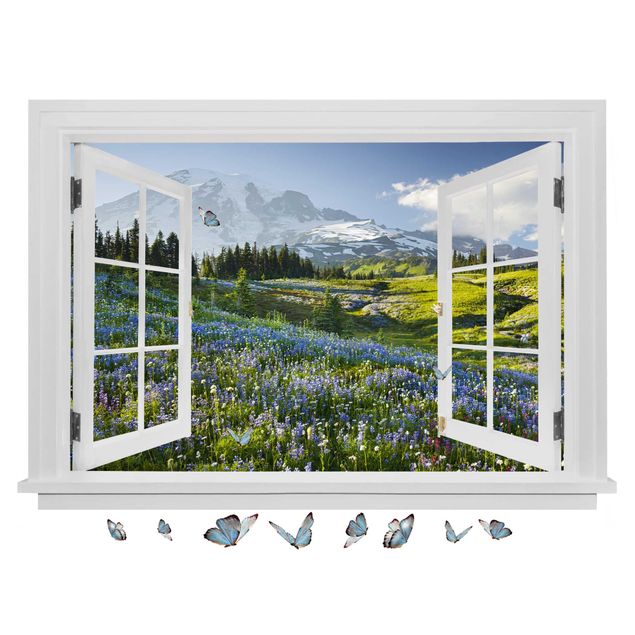 Muurstickers 3d Open Window Mountain Meadow With Flowers In Front Of Mt. Rainier And Butterflies