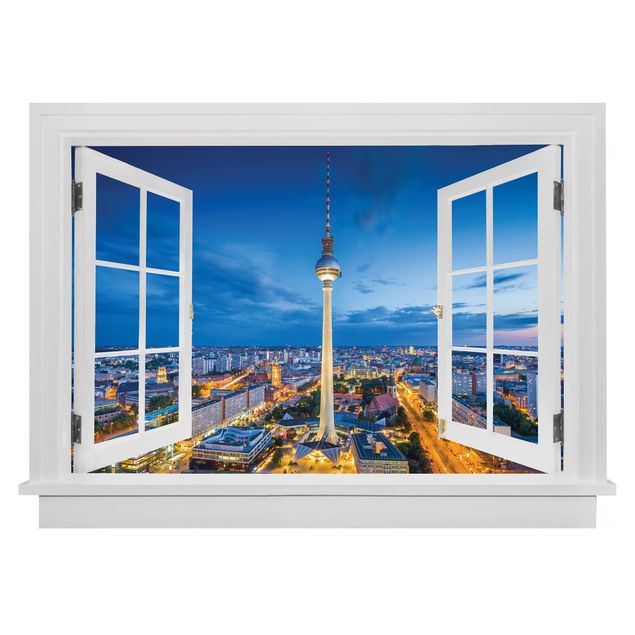 Muurstickers 3d Open Window Berlin Skyline At Night With Television Tower