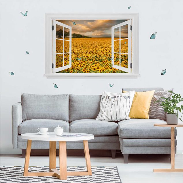 Muurstickers 3d Open Window Field With Sunflowers