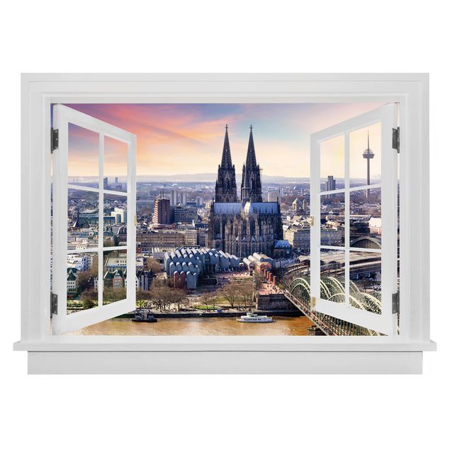 Muurstickers 3d Open Window Cologne Skyline With Duomo