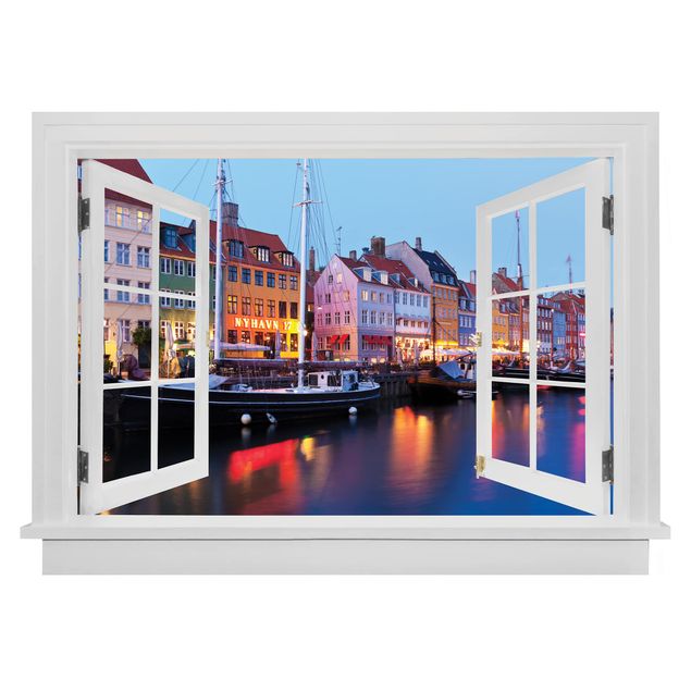 Muurstickers 3d Open Window Copenhagen Harbor In The Evening
