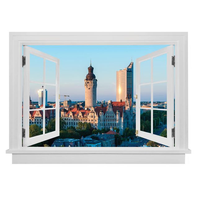 Muurstickers 3d Open Window Leipzig Skyline