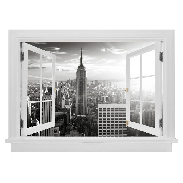 Muurstickers 3d Open Window Manhattan Skyline