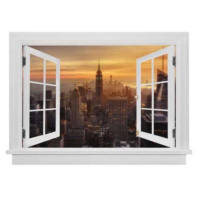 Muurstickers 3d Open Window Manhattan Skyline Evening