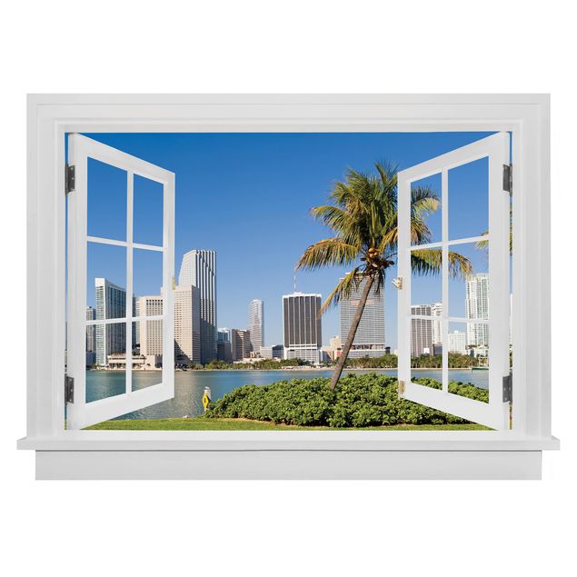 Muurstickers 3d Open Window Miami Beach Skyline
