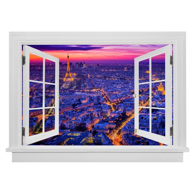 Muurstickers 3d Open Window Paris At Night
