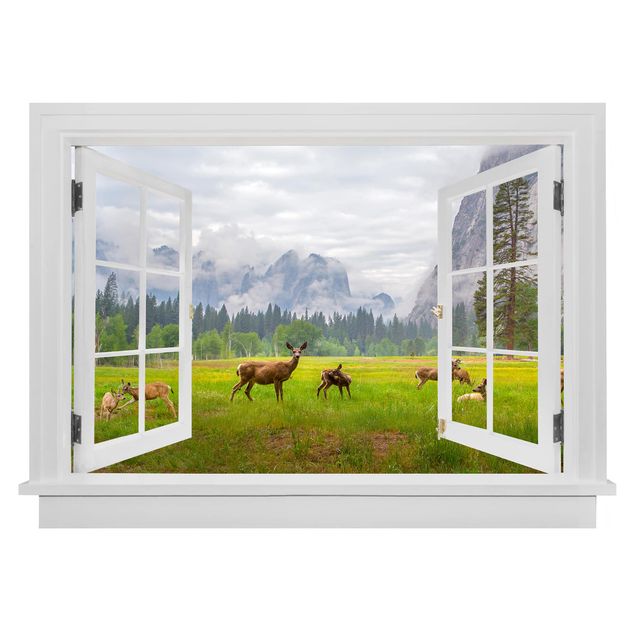 Muurstickers Open Window Deer In The Mountains