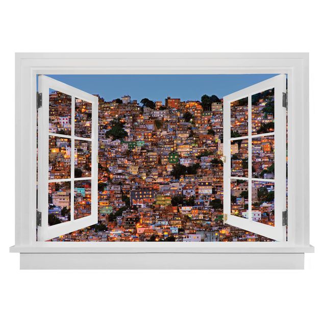 Muurstickers 3d Open Window Rio De Janeiro Favela Sunset