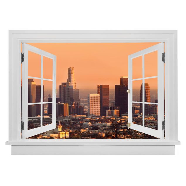 Muurstickers 3d Open Window Skyline Of Los Angeles