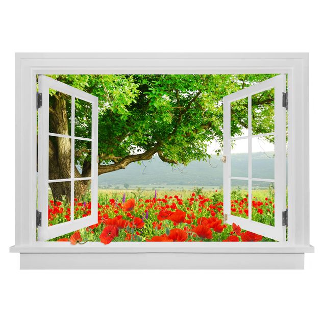 Muurstickers 3d Open Window Summer Meadow With Flower Box