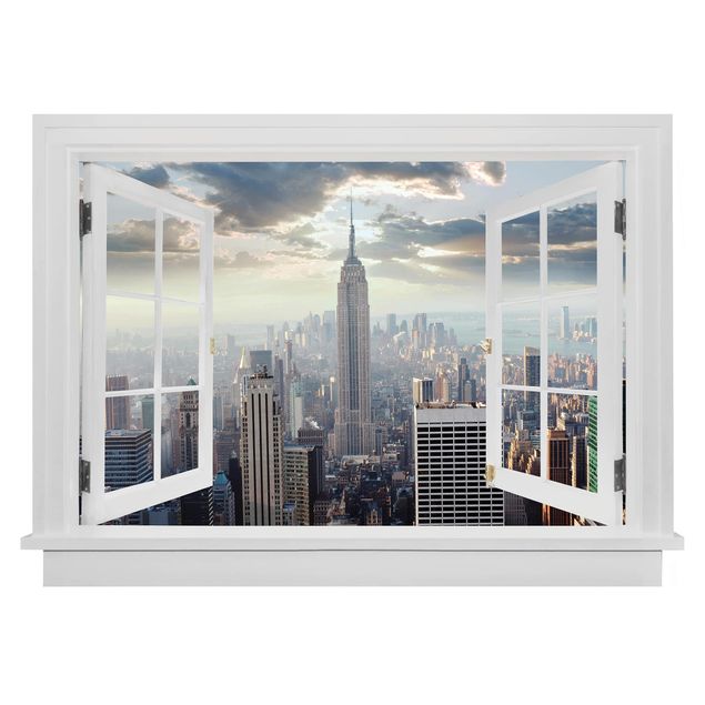 Muurstickers 3d Open Window Sunrise In New York